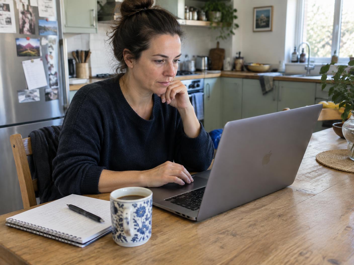 A builder working on a laptop at her kitchen table